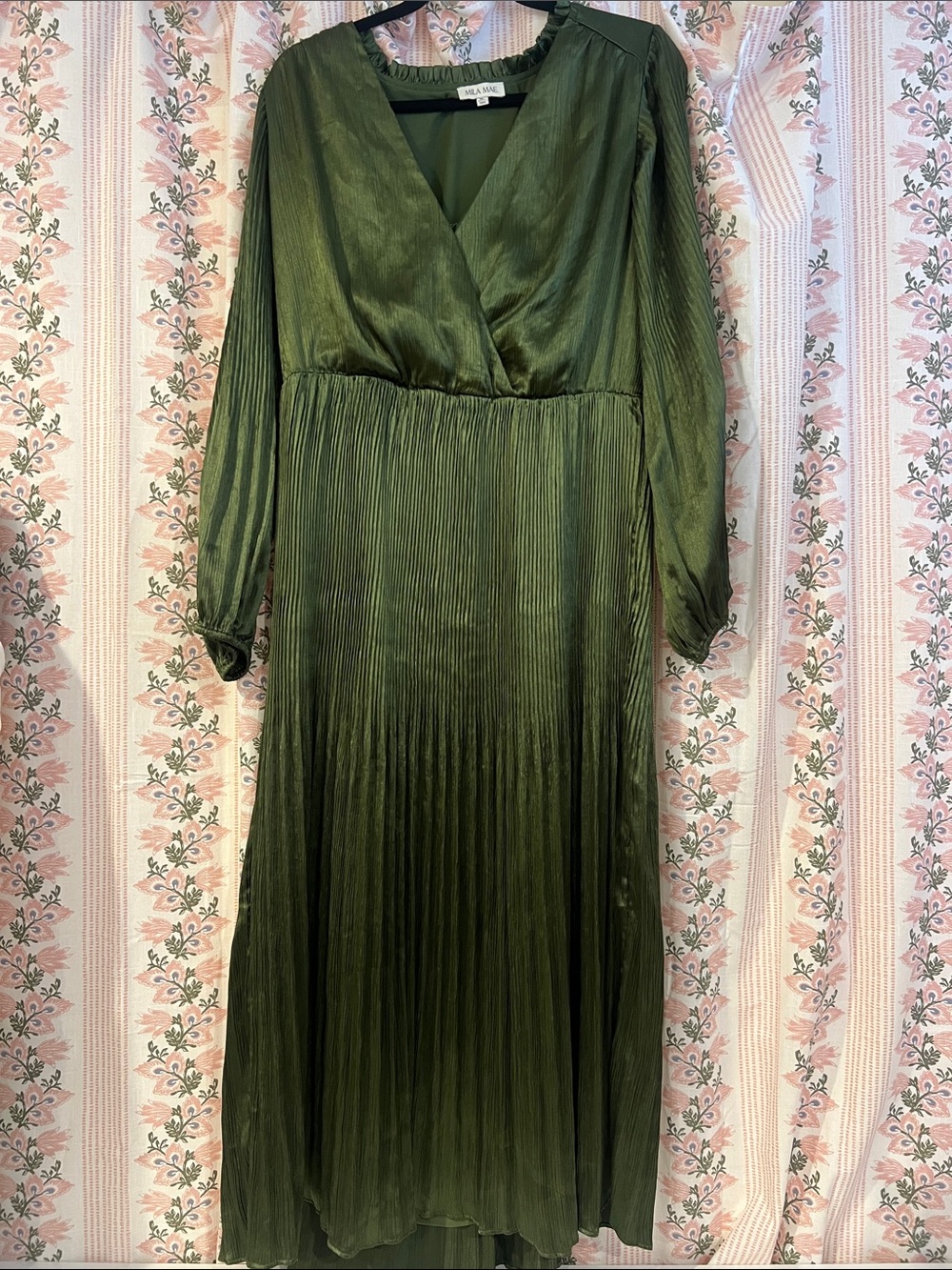 Mila Mae Dark Olive Green Pleated Wrap V-Neck Long Sleeve Midi Dress XL